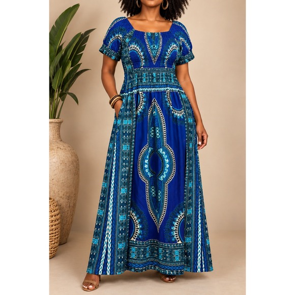 African Stars Dresses & Skirts - OS 191 African Stars Ghana African Print  Maxi Dress Smocked Blue Ethnic Boho